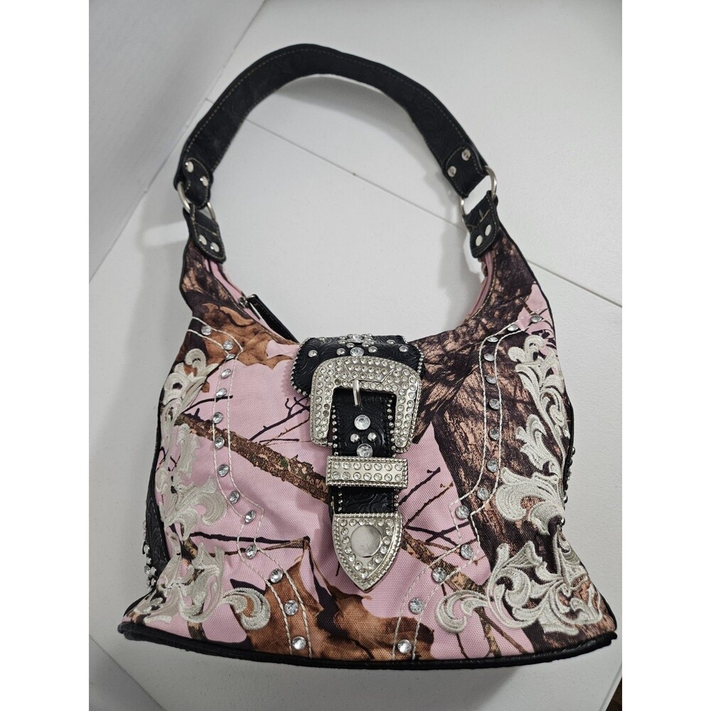Vintage Mossy Oak Camouflage Pink Handbag with Rhinestone Accents